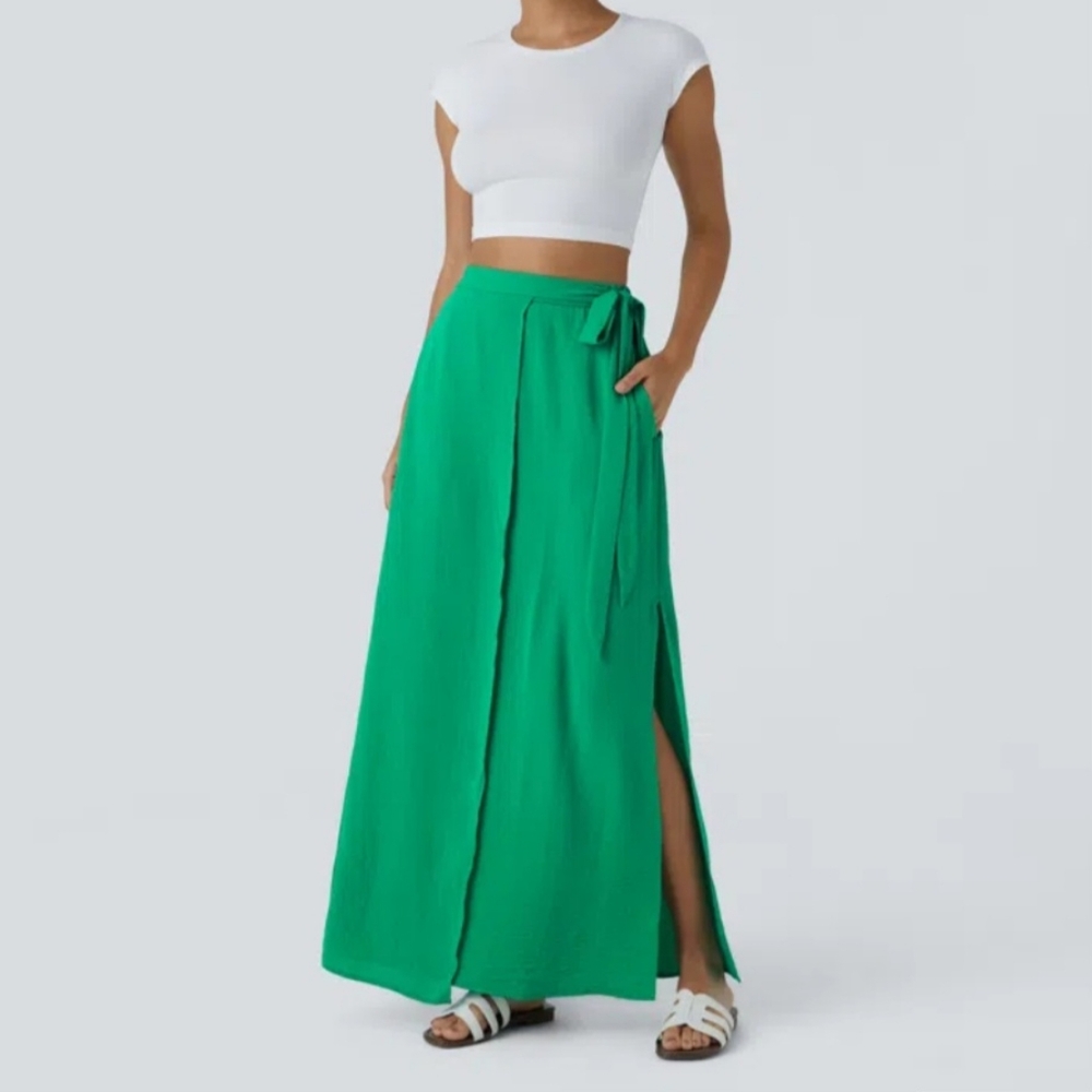 NWT HALARA High Waisted Wrapped Tie Side Pocket Split Maxi Linen (Size: M)